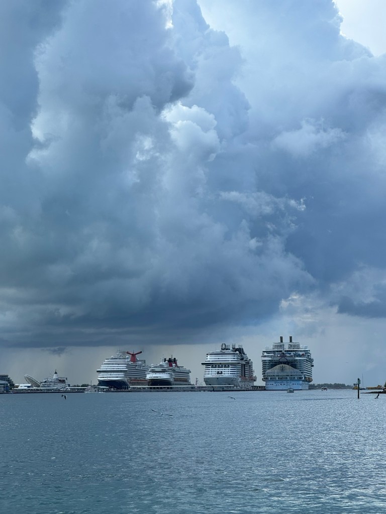 Four cruise ships docked at a port with clouds above