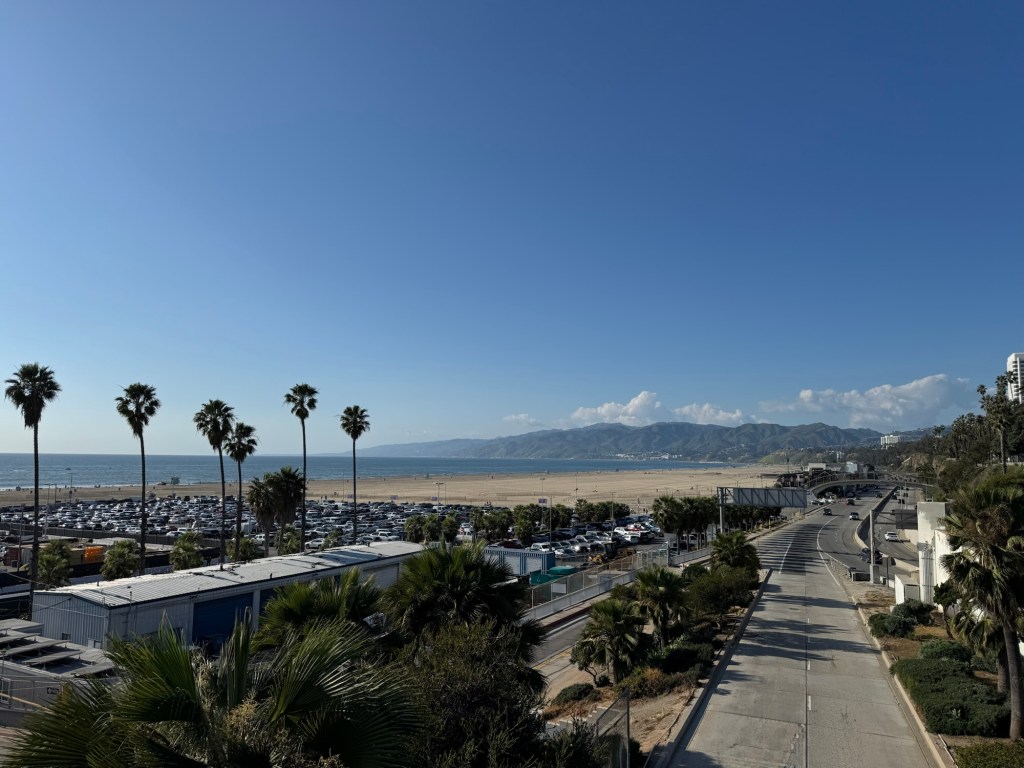 Beach scene with palm trees and mountains in the distance