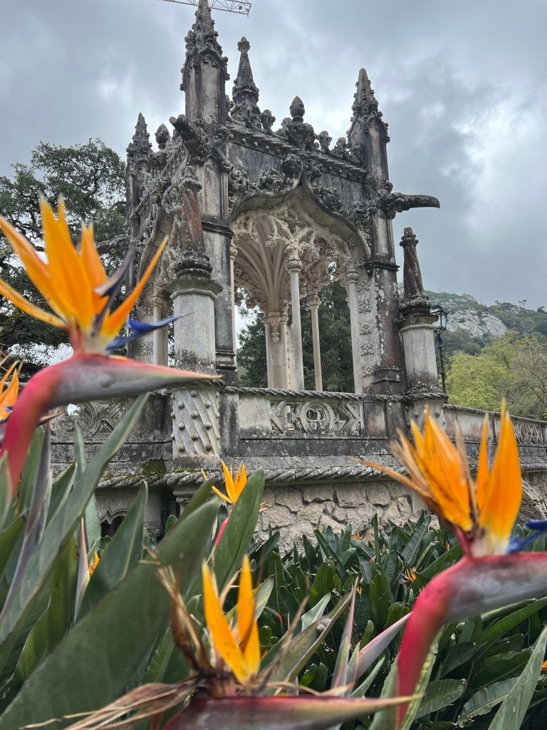 Beautiful flowers with building in background at Quinta Da Regaleira Palace in Sintra, Portugal