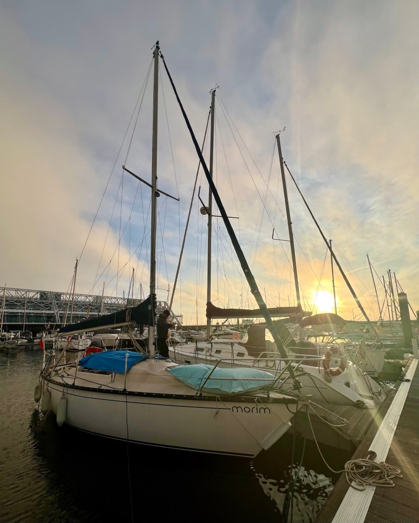 Sun setting with sailboats in the foreground