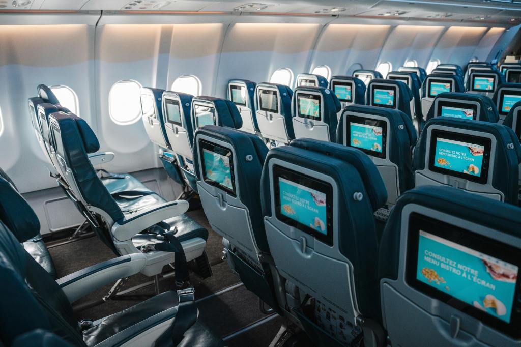 Economy class seats in an airplane