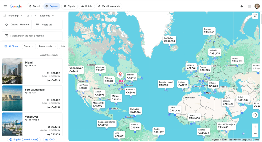 Screenshot of Google Flights explore search feature