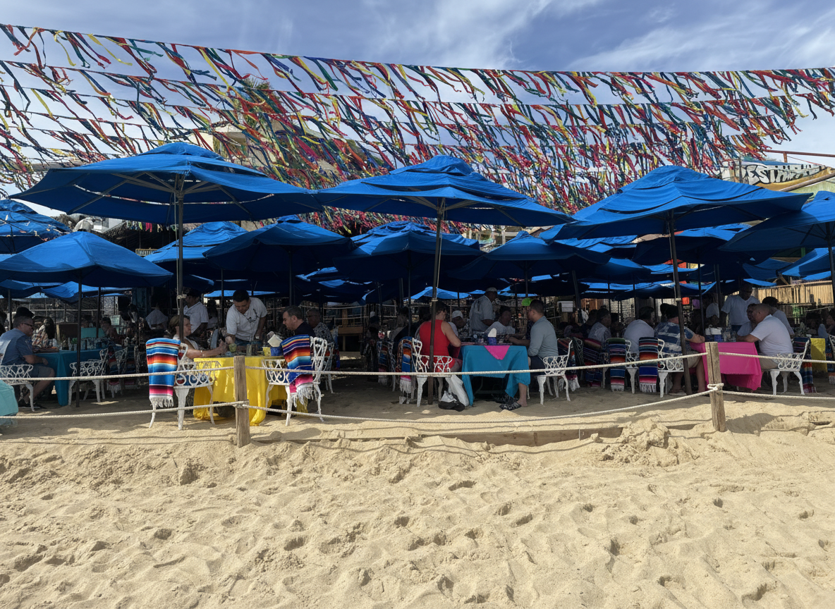 img_2014 Beach restaurant with colourful blue umbrellas and decorative streamers above