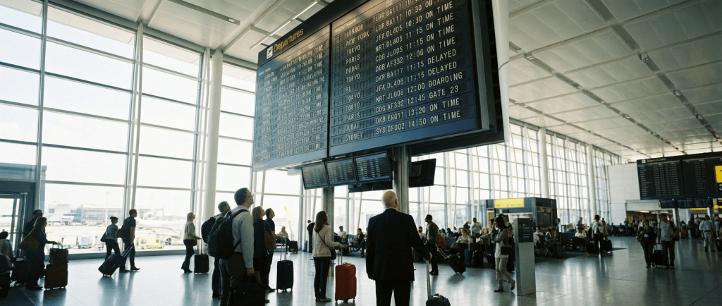 Airport departure board listing international flights and status updates for waiting passengers.